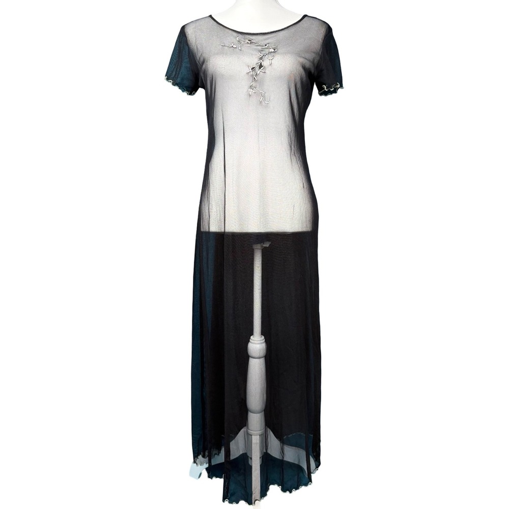 Sheer‎ Mesh Maxi Dress Black Embroidered Goth Fairy Grunge Y2K Size 8